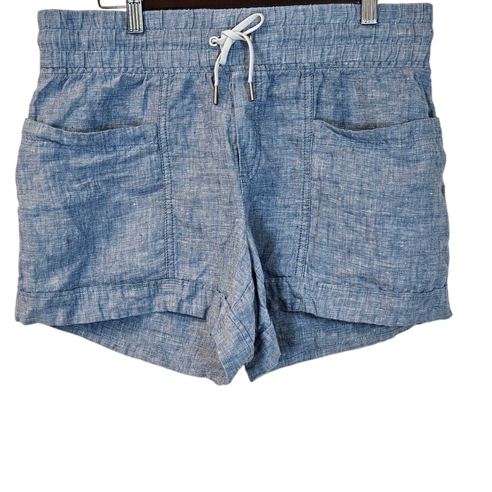 Athleta Cabo Linen Shorts 8 Blue Chambray Boho Coastal Summer Travel 4" Inseam